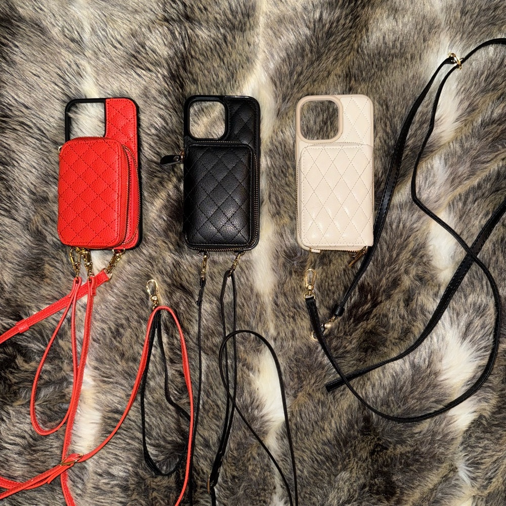 Iphone 14 Pro Max crossbody wrist phone case Black Red Beige tan credit card